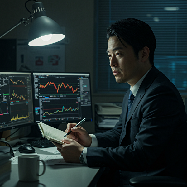 最強設定が通用しない相場に悩み、ノートで検証を重ねる日本人男性トレーダー