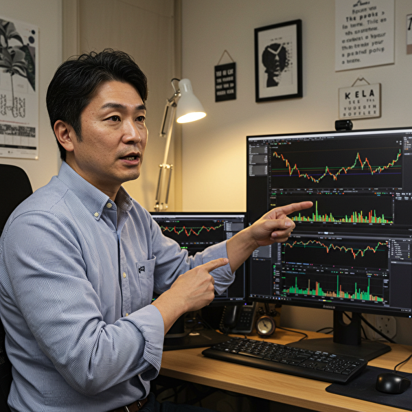 RCIと補助指標を使いこなし、プロの視点で勝てる戦略を説明する日本人男性トレーダー