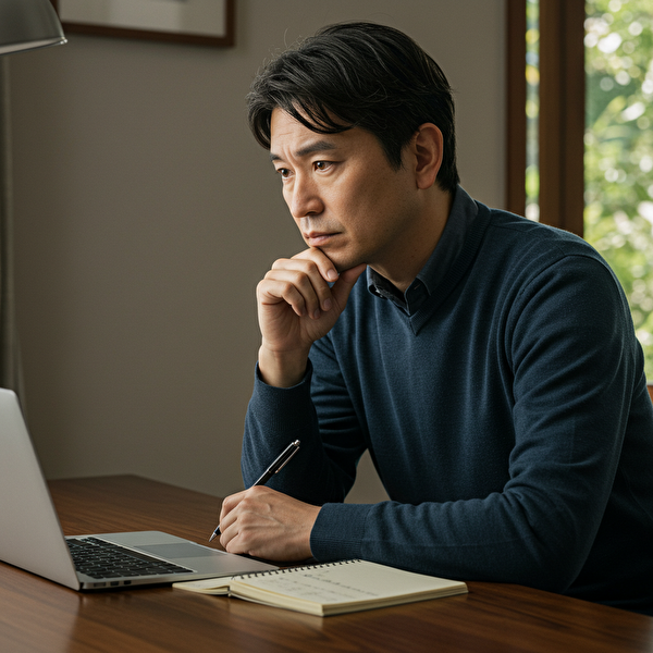 RSIとRCIの違いに悩みながらスキャルピング手法を調べる日本人トレーダー。ノートPCで情報を比較し、最適な指標を選ぼうとしている。