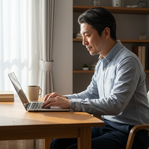 RSIとRCIを比較してRCIを選び、前向きにトレード戦略を立てている日本人トレーダーの男性。