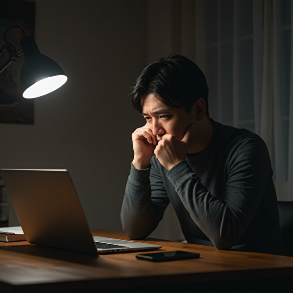 自宅でFXトレードに悩む日本人男性。不安そうにパソコンを見つめている