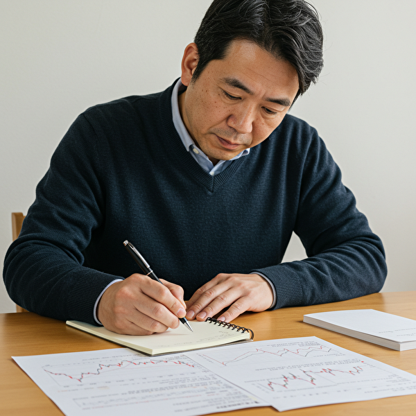 一目均衡表の雲の厚さと傾きをノートに書き出して理解しようとする日本人FXトレーダー