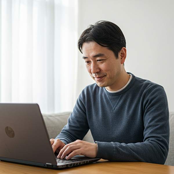 利確と損切りの判断に納得し、自信を持ってトレードする日本人中年トレーダーの表情