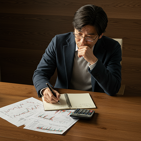 勝率50%でも利益を出す方法を真剣に計算する日本人男性トレーダー