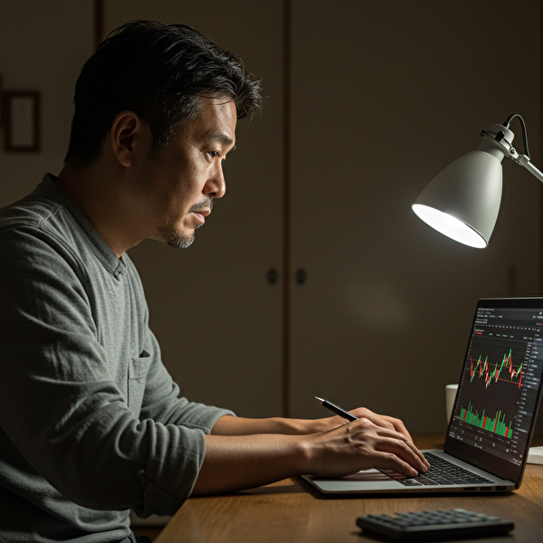 FXの秒スキャに挑戦する40代日本人男性が、自宅でチャートを見ながら真剣にトレードしている様子