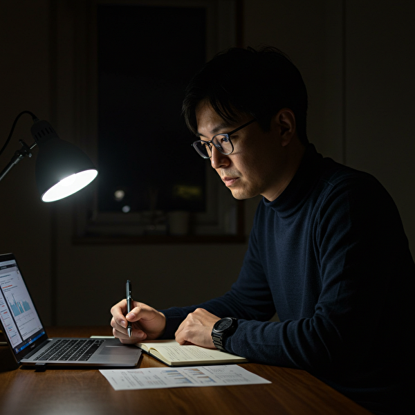 損切りの大切さに気づき始めたFX初心者の日本人男性｜真剣な表情でチャートを見つめる様子
