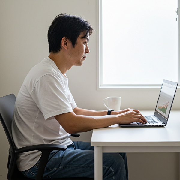 インジケーターを絞ってシンプルな取引環境にした日本人トレーダー｜整理されたデスクと穏やかな表情