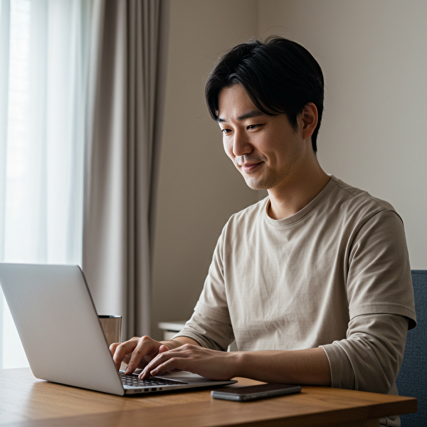 デモトレードを通じて「勝ちグセ」を身につけるFX初心者の日本人男性｜自宅で楽しみながら学ぶ姿