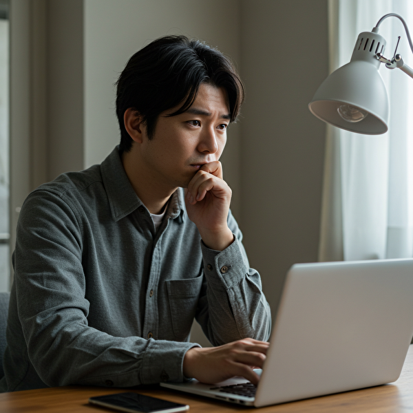 FX初心者が会社選びに悩む様子(30代日本人男性のイメージ)