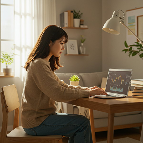 FXデモ口座を使って複数の会社を比較している日本人女性(20代後半)