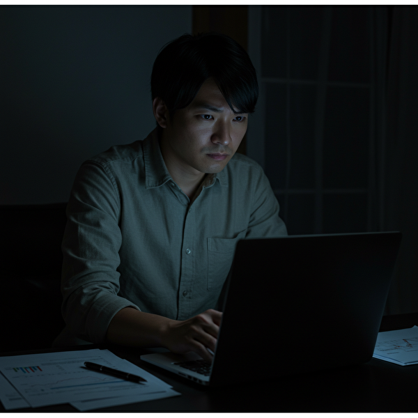 FX初心者の日本人男性が、夜の自宅でチャートを見ながら悩んでいる様子