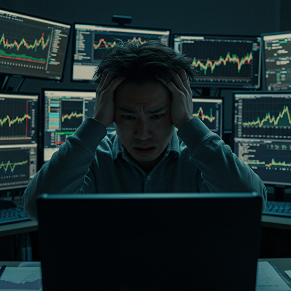 alt="FX初心者が2chの情報を読みながら頭を抱えて悩んでいる様子"