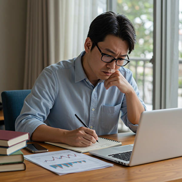FX初心者がノートを取りながらトレードの勉強をしている様子