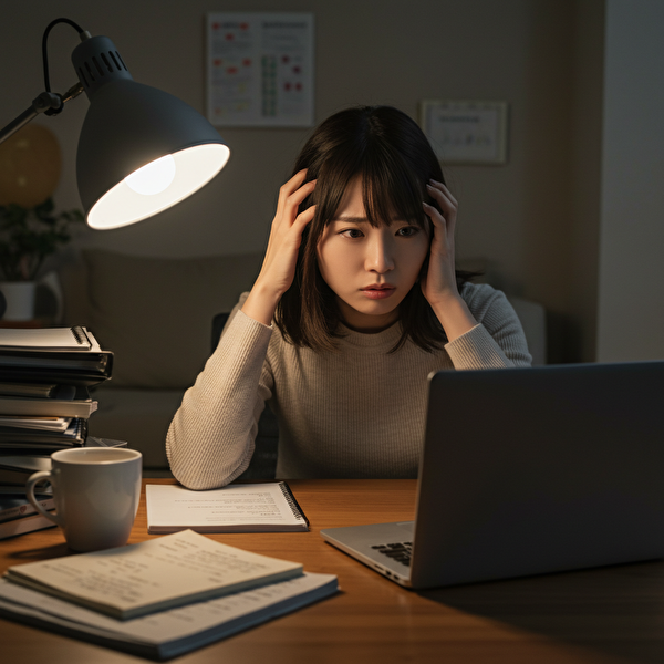 FXの情報に振り回されて困惑している日本人女性の様子