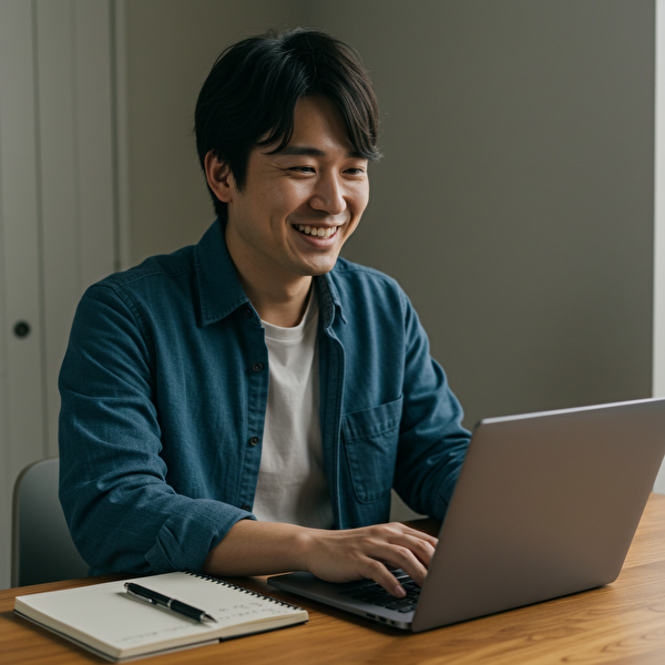 FXのデモトレードから本番へ進もうとしている日本人男性の前向きな表情