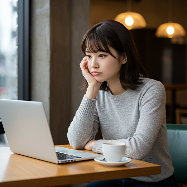 どのFX会社を選ぶべきか迷っている日本人女性の様子