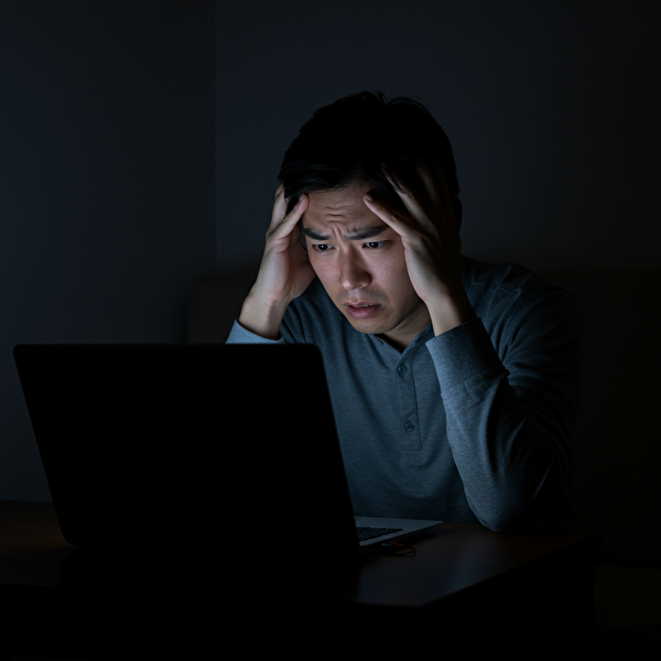 FXで勝てずに悩む30代の日本人男性が、ノートパソコンを前に頭を抱えているシーン