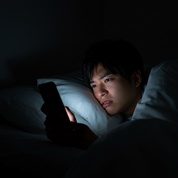 SNSで他人のFX成績を見て焦る日本人男性が、スマホを見ながら落ち込んでいるシーン