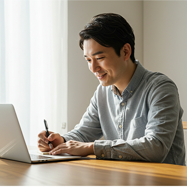 トレードの改善点をノートに記録しながら前向きに学ぶ30代日本人男性の様子
