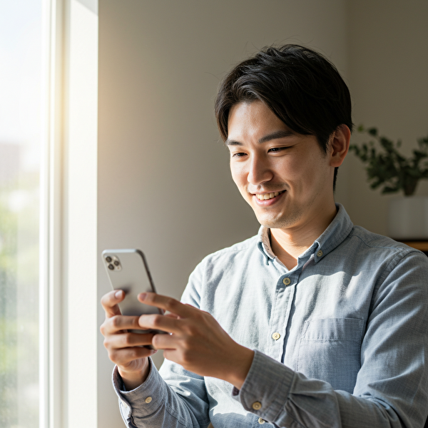 スキャルピングに前向きに取り組み始めた日本人初心者トレーダーが、スマホでトレード画面を確認している様子