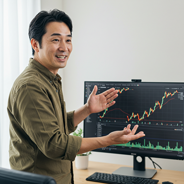 トラリピの最強設定についてやさしく解説する40代の日本人男性トレーダー。モニターにFXチャートを表示しながら、初心者に安心感を与える表情で説明している。