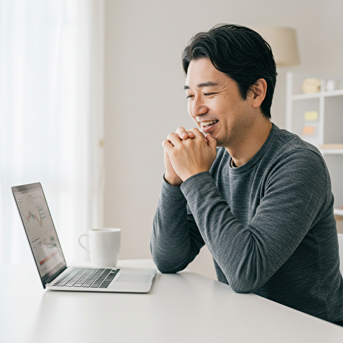 トラリピ設定に成功して安心した表情でパソコン画面を見ている40代の日本人男性
