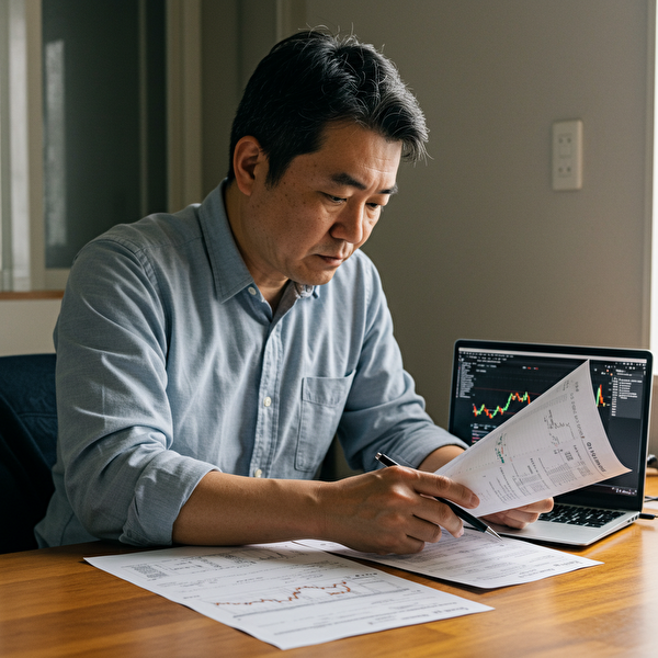 5分足チャートとトレードノートを見ながらエントリーポイントを検討している日本人男性トレーダーの画像