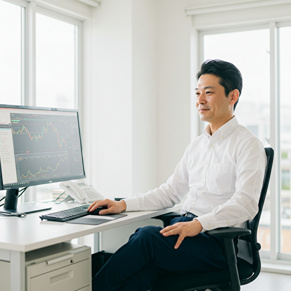 トレード結果に満足し穏やかな笑みを浮かべる日本人男性トレーダーの画像