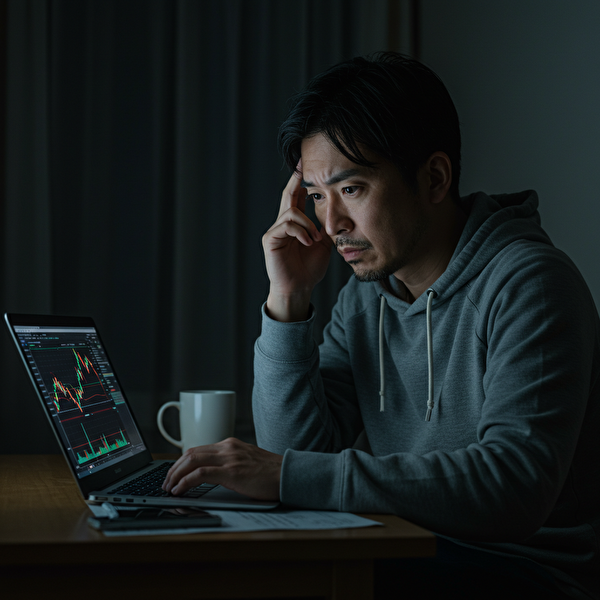 夜の自宅でRCI設定に悩みながらチャートを分析する日本人男性トレーダーの様子