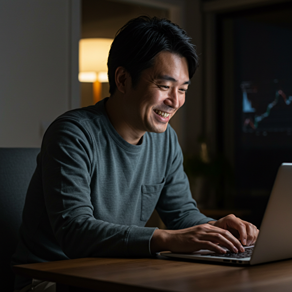 RCI設定で勝率を高め、自信を持ってチャートを見つめる日本人男性トレーダーの成功イメージ