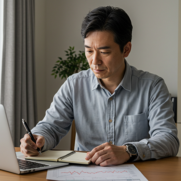 RCIとRSIを使ったスキャルピング戦略をパソコンで分析する日本人中年男性トレーダーの真剣な表情