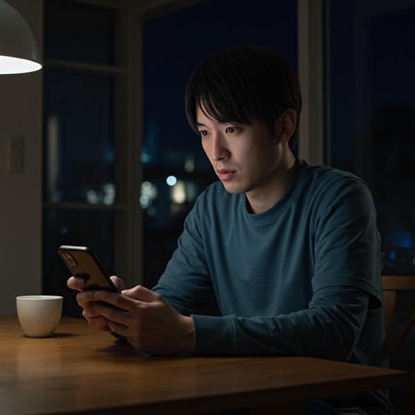 スマホのFXアプリを見ながら、0.1ロットで始めるか迷っている日本人男性