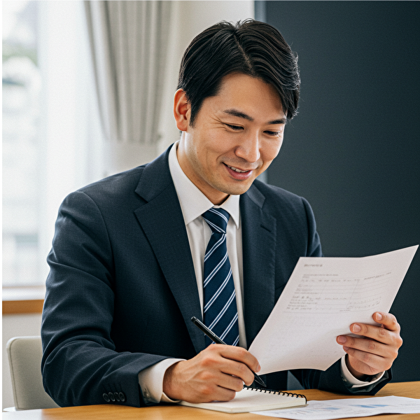 ロット数の決め方に納得し、2%ルールで安心した表情を見せる日本人男性