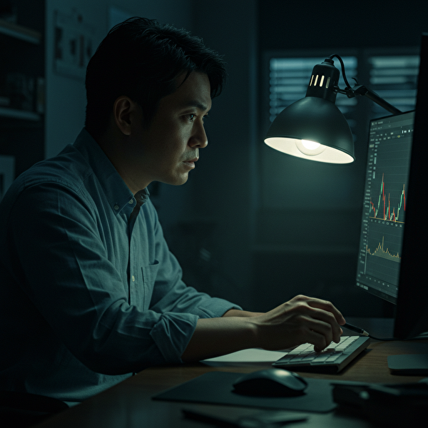 FXチャートを見ながらロット数の増加タイミングを分析している日本人男性