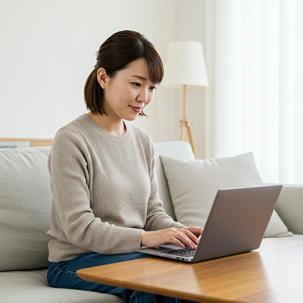 トラリピのNOK/SEK設定を自宅で確認する30代の日本人女性｜初心者でも再現しやすい運用戦略を学ぶ様子