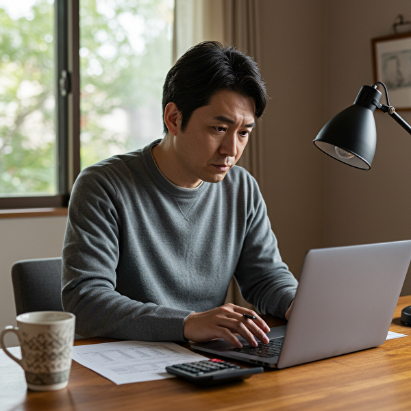 トラリピで10万円から月1万円の利益を目指して設定を確認する30代の日本人男性トレーダー