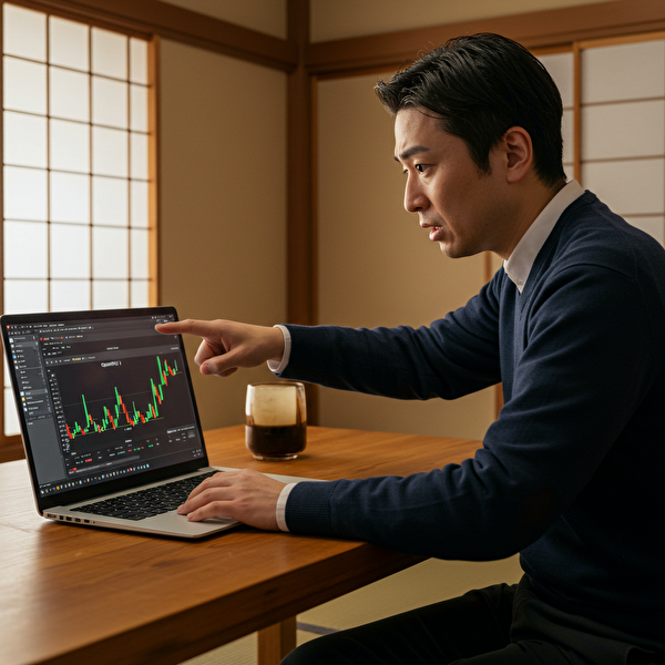 ノートパソコンのFX注文画面を指差しながら、「数量1」の意味に悩む30代の日本人男性