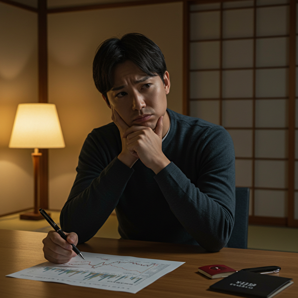 数量やロットの設定ミスを避けようと、FXチャートとにらめっこして考え込む30代の日本人男性