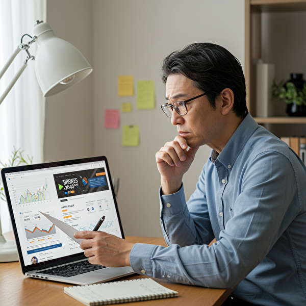 自分に合ったFX業者を選ぶために比較サイトをチェックしながら悩む40代の日本人トレーダー