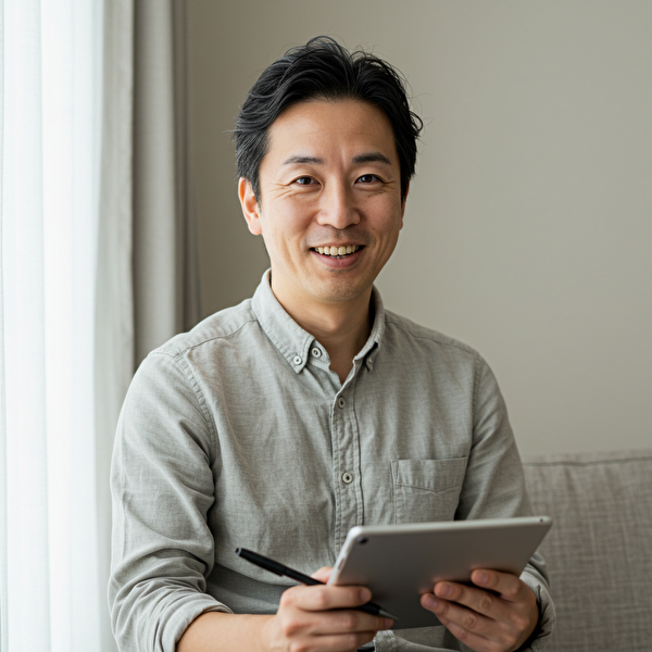 資金が安定的に増え始めたことに安堵する40代の日本人男性トレーダーの笑顔
