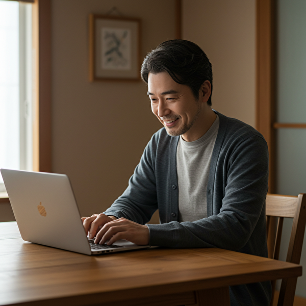 トラリピの設定を始める初心者の日本人男性が、安心した表情でノートパソコンに向かっている様子