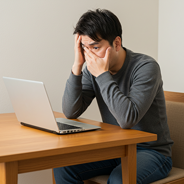 損切り判断を誤って焦る30代の日本人男性。パソコン画面を見て後悔の表情を浮かべている。
