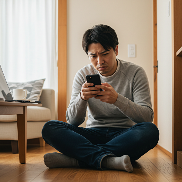 自動売買でも不安が拭えない日本人男性｜トラリピ初心者が抱える感情の不安を表す姿