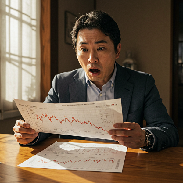 FXの急落チャートを見てロスカットに驚く日本人男性のリアルな表情と印刷されたチャート