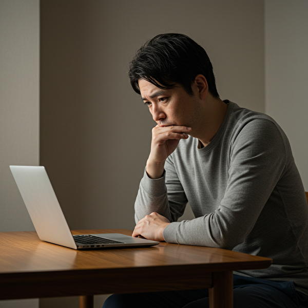 トラリピ運用の不安に悩み、パソコン画面を不安そうに見つめる30代の日本人男性