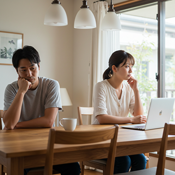 トラリピの一時停止を検討しながら葛藤している30代の日本人男女。表情に不安と迷いが表れている様子。