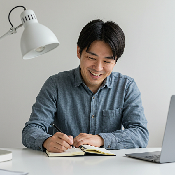 手動トラリピで収益を出し、安心した表情を見せる30代の日本人男性