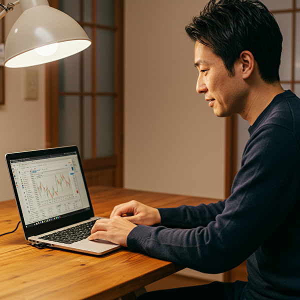 エクセル風の管理画面をパソコンで確認している30代の日本人男性。自宅で落ち着いた雰囲気の中、トラリピの収益やポジションを管理している様子をイメージした画像。