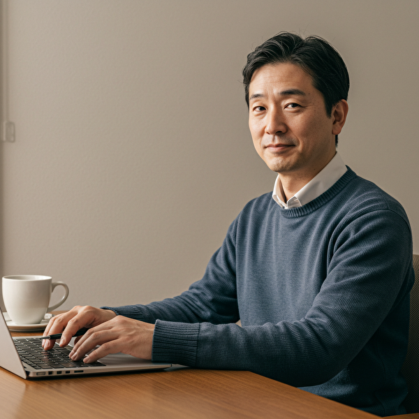 エクセルでFX取引の記録管理をして安心している40代の日本人男性のイメージ｜手動トラリピの可視化で継続運用に自信を持つ様子