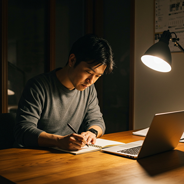 FXのトレード記録を日々つけて改善に取り組む日本人男性｜勝てる人の習慣を表すイメージ